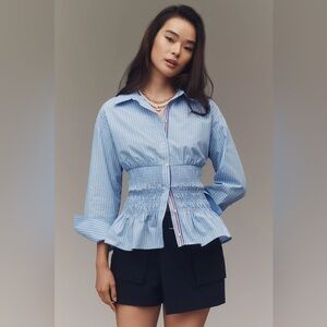 Anthropologie Maeve Long-Sleeve Smocked-Waist Blouse S